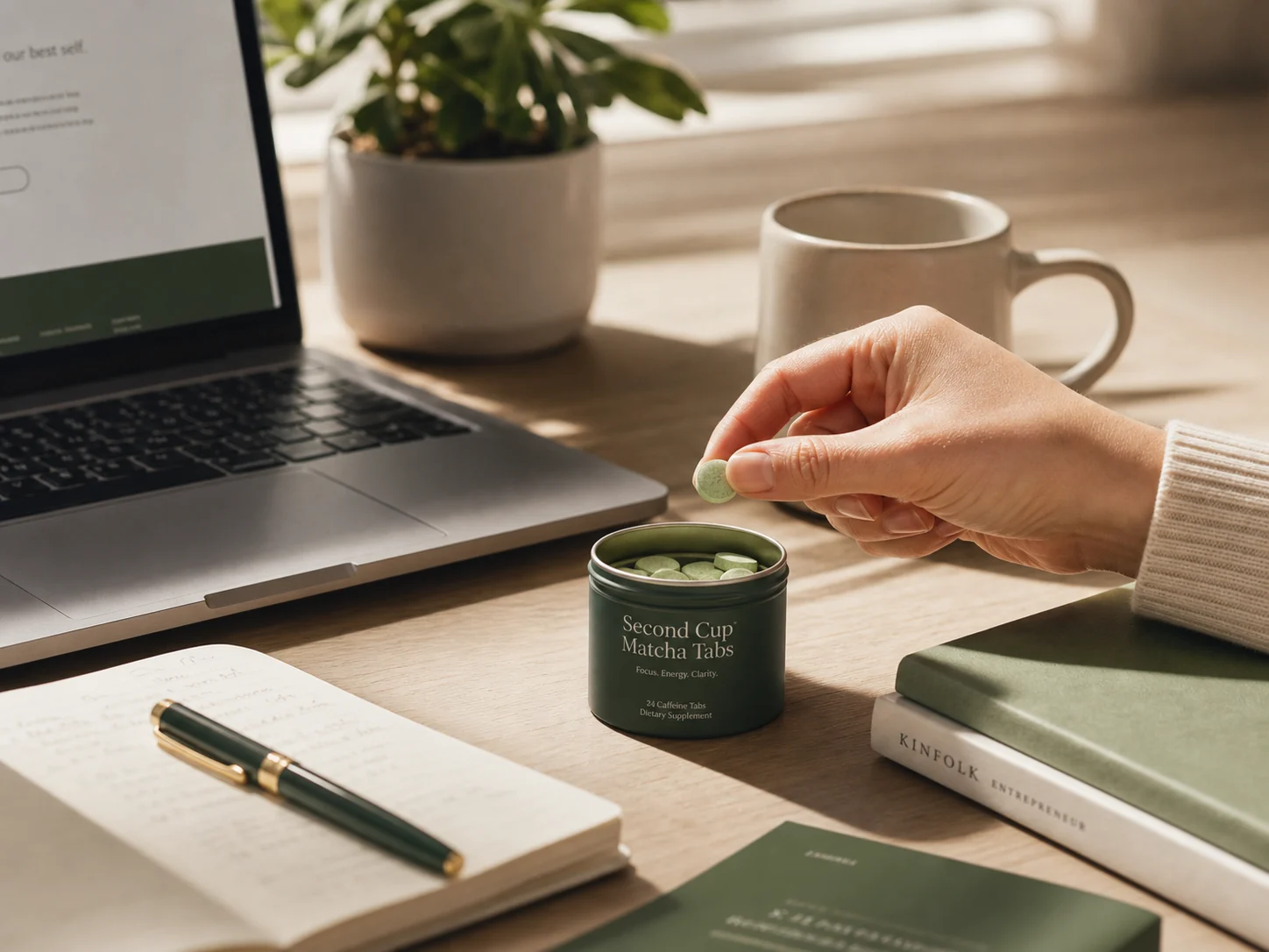 Hand taking a pale green matcha tab beside a laptop, notebook, and empty coffee cup