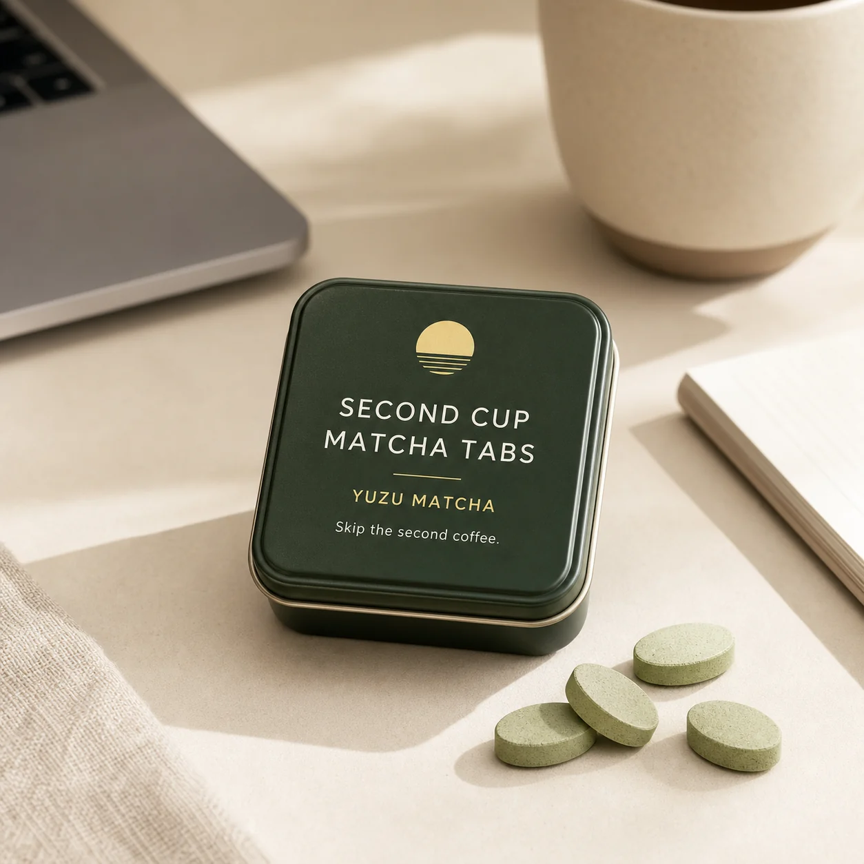 Second Cup Matcha Tabs dark green tin with pale matcha tabs on an office desk
