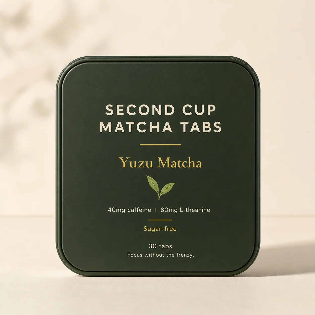 Front-facing Second Cup Matcha Tabs Yuzu Matcha tin packaging render